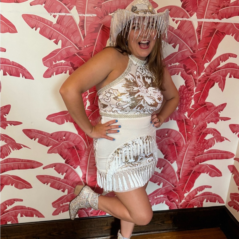 "12th Tribe" Gold and White mini Dress with pearl accents, size L.